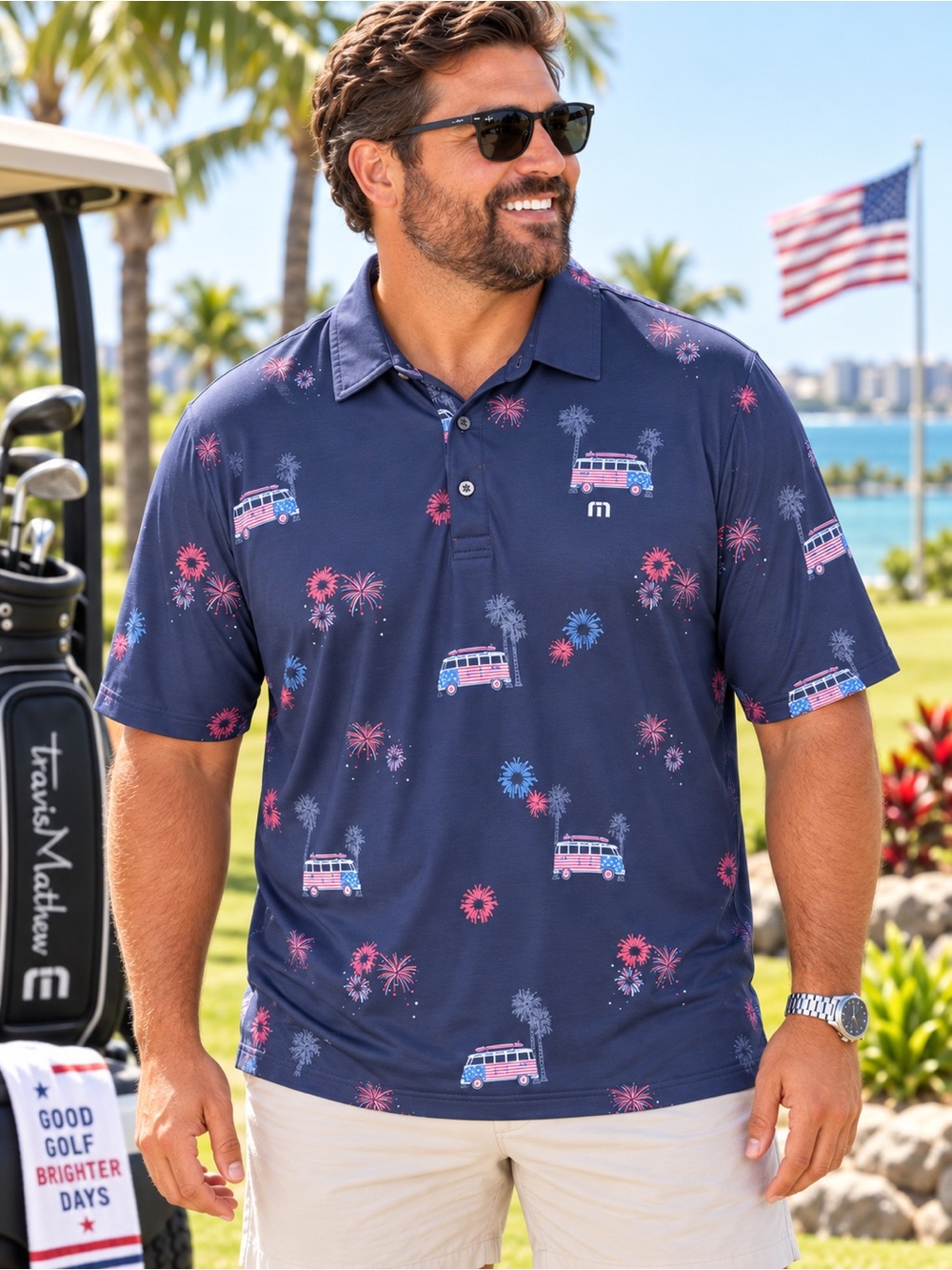 Travis Mathew Firework Display Men's XL Golf Polo Navy Patriotic Print #211
